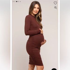 PINKBLUSH Maternity Brown Ribbed Mock Neck Ruched Long Sleeve Dress